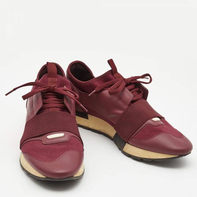 Pre Owned Balenciaga Burgundy Leather and Mesh Race Runner Low Top Sneakers Size 42