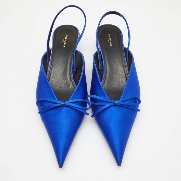 Pre Owned Balenciaga Blue Satin Knife Bow Slingback Pumps Size 41