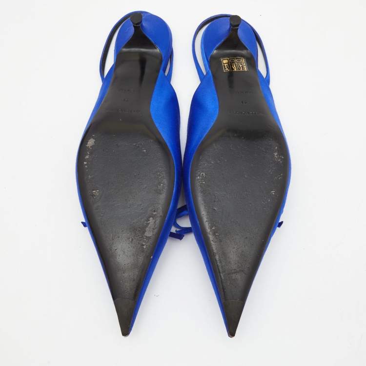 Pre Owned Balenciaga Blue Satin Knife Bow Slingback Pumps Size 41