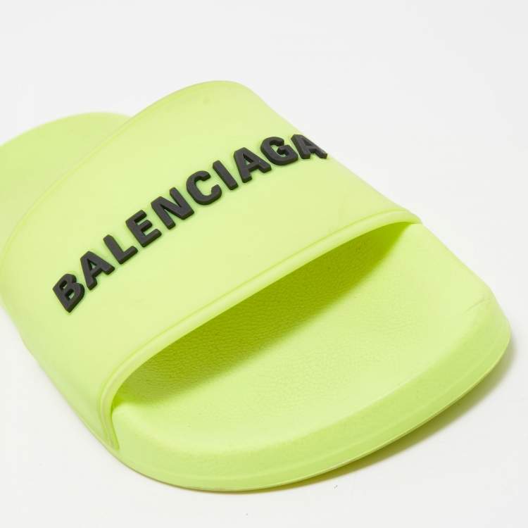 Pre Owned Balenciaga Neon Yellow Rubber Logo Slides Size 37