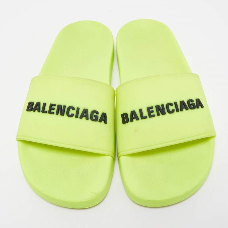 Pre Owned Balenciaga Neon Yellow Rubber Logo Slides Size 37