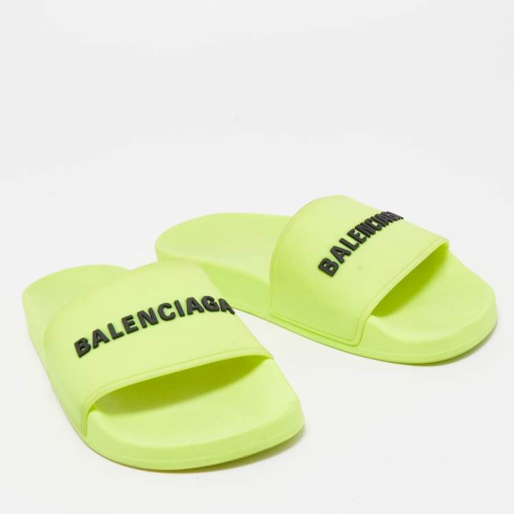 Pre Owned Balenciaga Neon Yellow Rubber Logo Slides Size 37