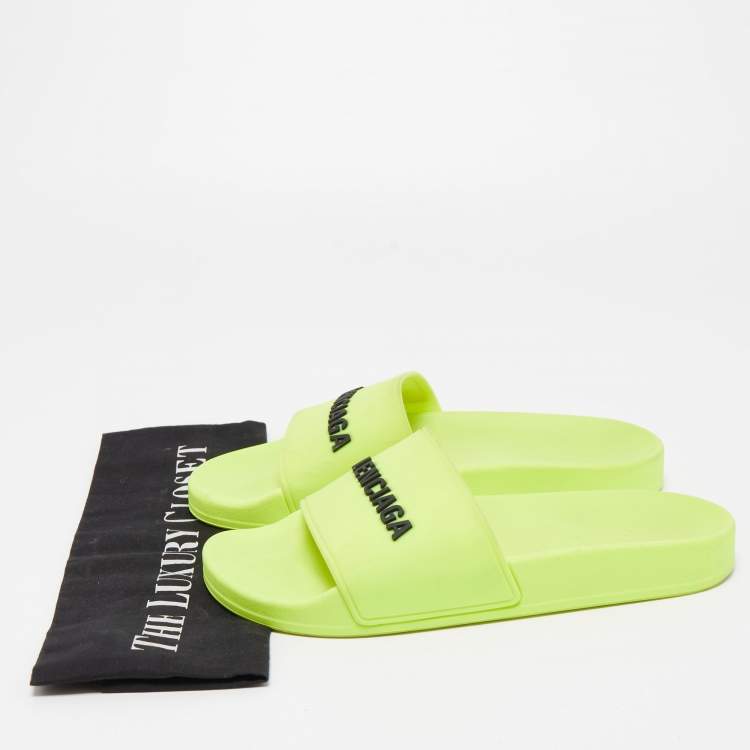 Pre Owned Balenciaga Neon Yellow Rubber Logo Slides Size 37