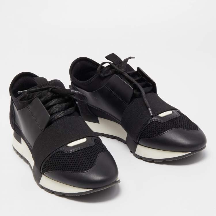 Pre Owned Balenciaga Black Leather and Mesh Race Runner Sneakers Size 38
