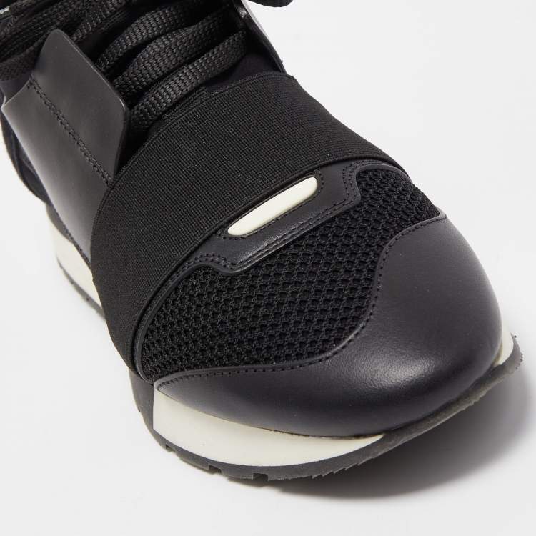 Pre Owned Balenciaga Black Leather and Mesh Race Runner Sneakers Size 38