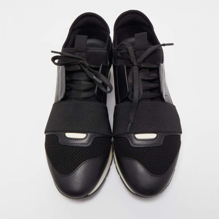 Pre Owned Balenciaga Black Leather and Mesh Race Runner Sneakers Size 38