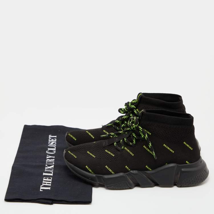 Pre Owned Balenciaga Black Knit Fabric Speed Trainer Neon Logo Lace Up Sock Sneakers Size 38