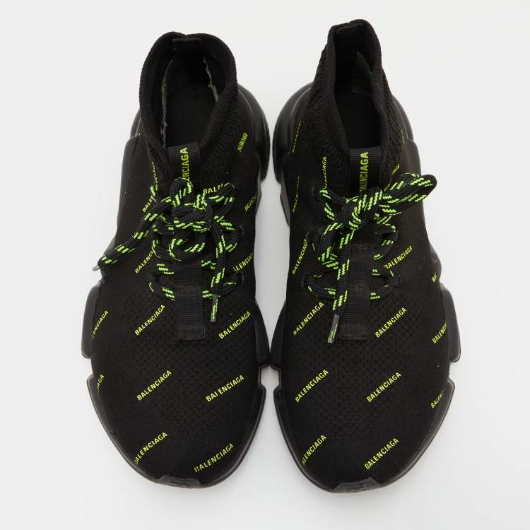 Pre Owned Balenciaga Black Knit Fabric Speed Trainer Neon Logo Lace Up Sock Sneakers Size 38