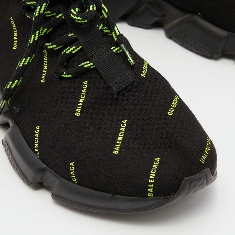 Pre Owned Balenciaga Black Knit Fabric Speed Trainer Neon Logo Lace Up Sock Sneakers Size 38