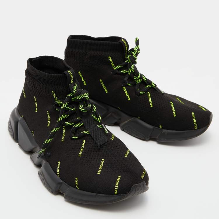 Pre Owned Balenciaga Black Knit Fabric Speed Trainer Neon Logo Lace Up Sock Sneakers Size 38