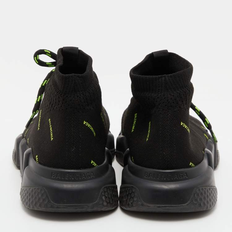 Pre Owned Balenciaga Black Knit Fabric Speed Trainer Neon Logo Lace Up Sock Sneakers Size 38