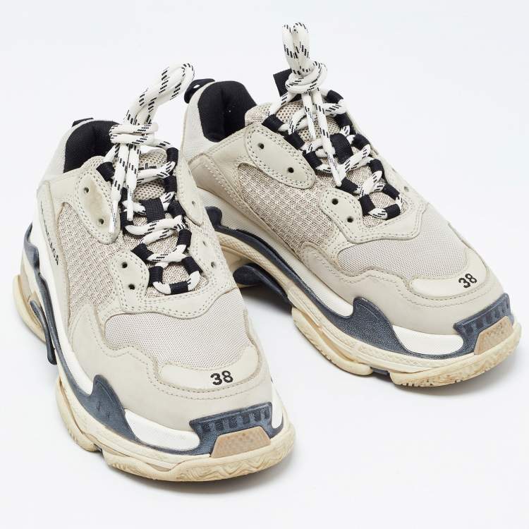 Pre Owned Balenciaga Light Grey Mesh and Leather Triple S Sneakers Size 38