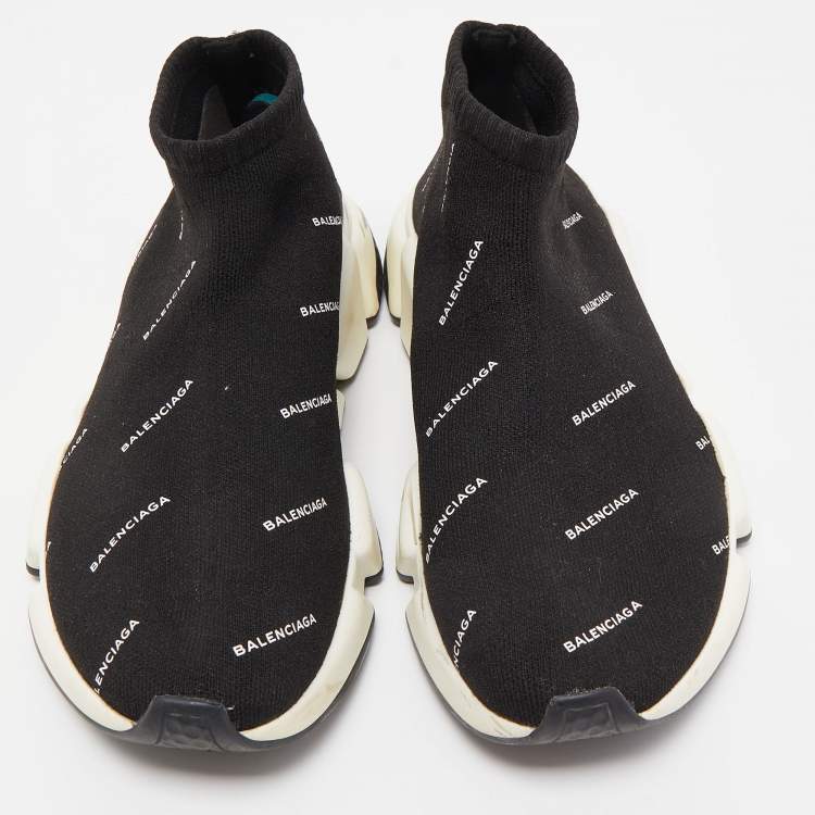 Pre Owned Balenciaga Black Logo Print Knit Fabric Speed Trainer Sneakers Size 38