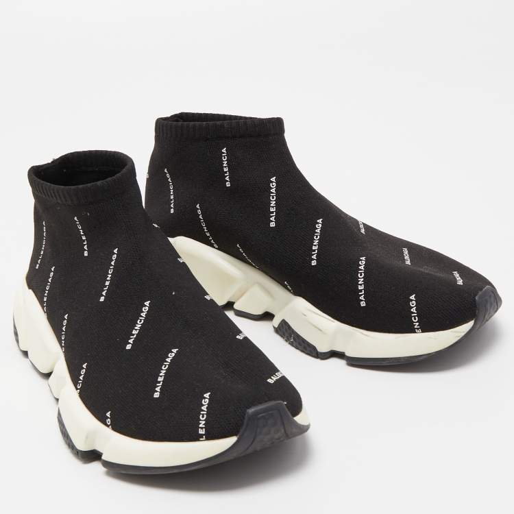 Pre Owned Balenciaga Black Logo Print Knit Fabric Speed Trainer Sneakers Size 38