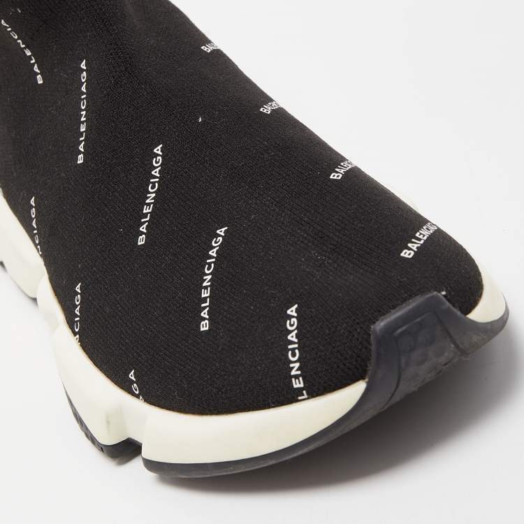 Pre Owned Balenciaga Black Logo Print Knit Fabric Speed Trainer Sneakers Size 38