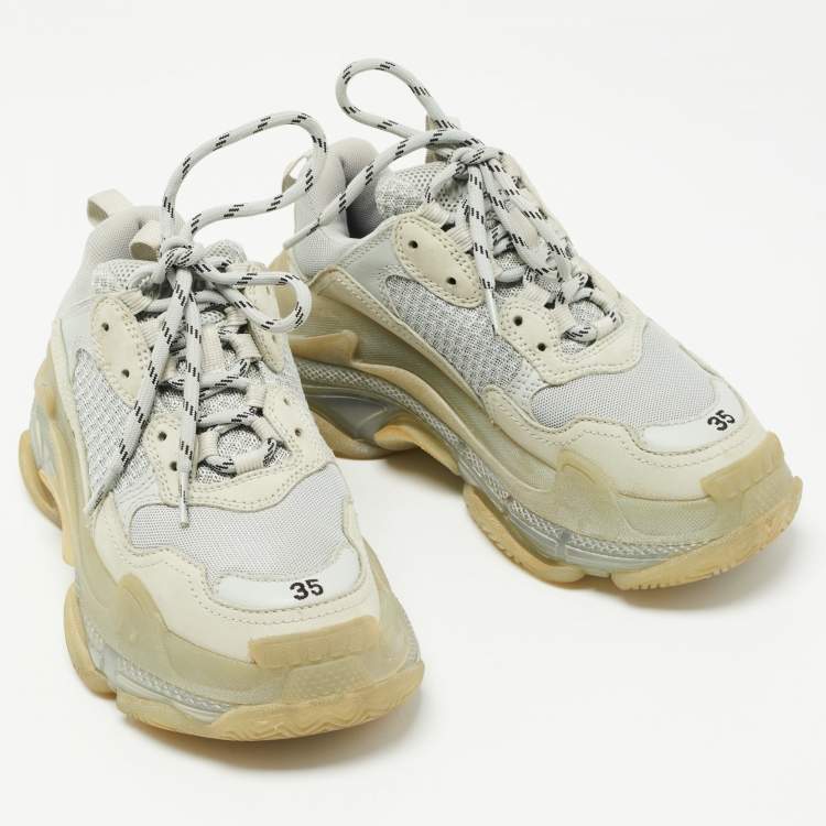 Pre Owned Balenciaga Grey Mesh and Leather Triple S Clear Sole Sneakers Size 35