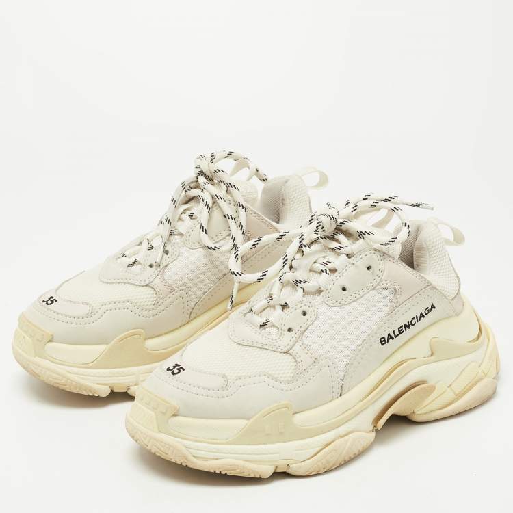 Balenciaga White Leather and Mesh Triple S Low Top Sneakers Size
