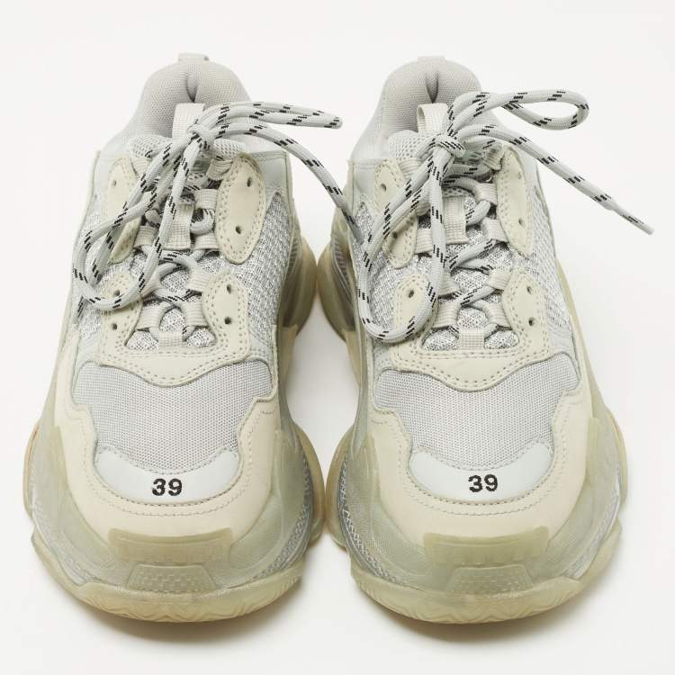 Pre Owned Balenciaga Grey Leather and Mesh Triple S Low Top Sneakers Size 39