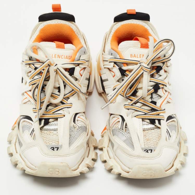 Pre Owned Balenciaga White/Orange Mesh and Synthetic Leather Track Low Top Sneakers Size 37