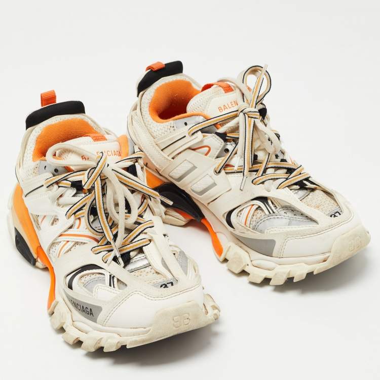 Pre Owned Balenciaga White/Orange Mesh and Synthetic Leather Track Low Top Sneakers Size 37