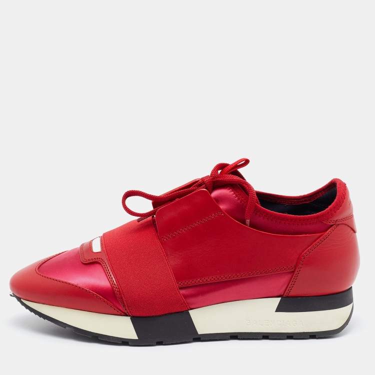 Balenciaga Red Leather and Neoprene Race Runner Low Top Sneakers