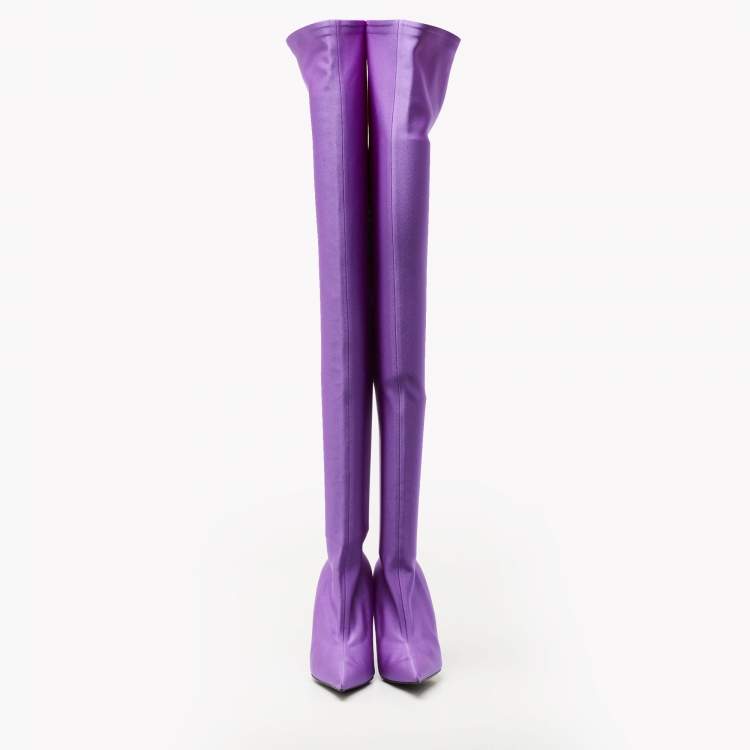 Pre Owned Balenciaga Purple Stretch Fabric Over The Knee Boots Size 38