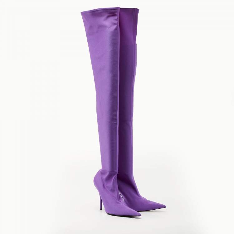 Pre Owned Balenciaga Purple Stretch Fabric Over The Knee Boots Size 38