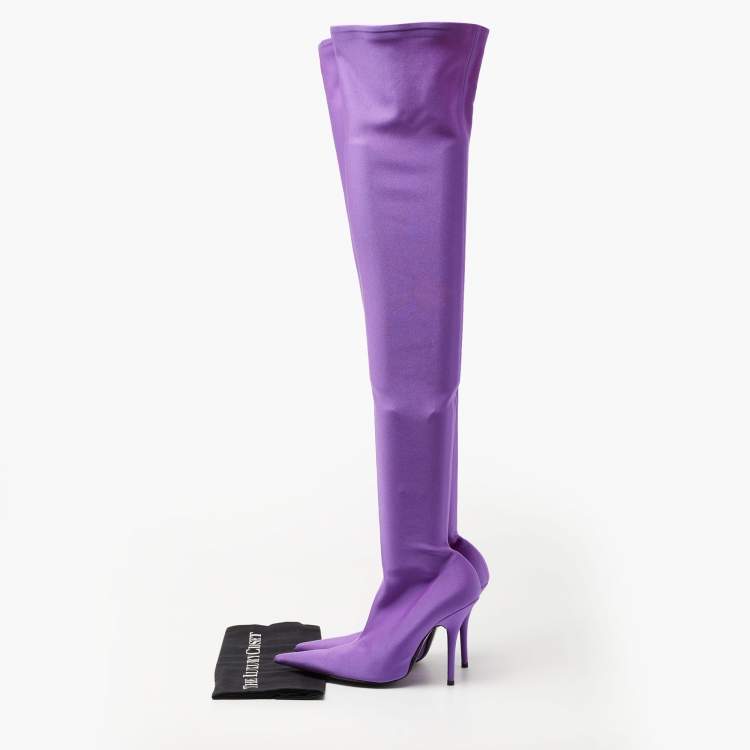 Pre Owned Balenciaga Purple Stretch Fabric Over The Knee Boots Size 38