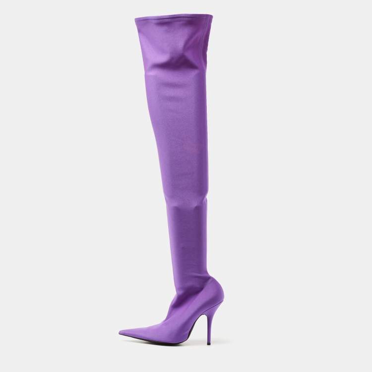 Pre Owned Balenciaga Purple Stretch Fabric Over The Knee Boots Size 38