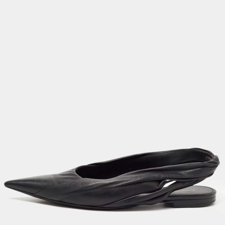 Pre Owned Balenciaga Black Leather Knife Pointed Toe Slingback Flat Sandals Size 38.5