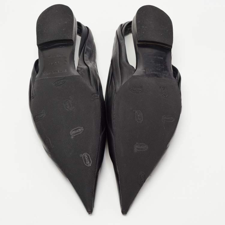 Pre Owned Balenciaga Black Leather Knife Pointed Toe Slingback Flat Sandals Size 38.5