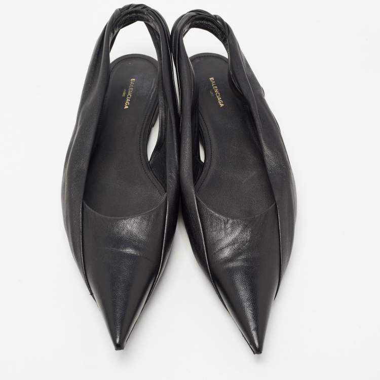 Pre Owned Balenciaga Black Leather Knife Pointed Toe Slingback Flat Sandals Size 38.5