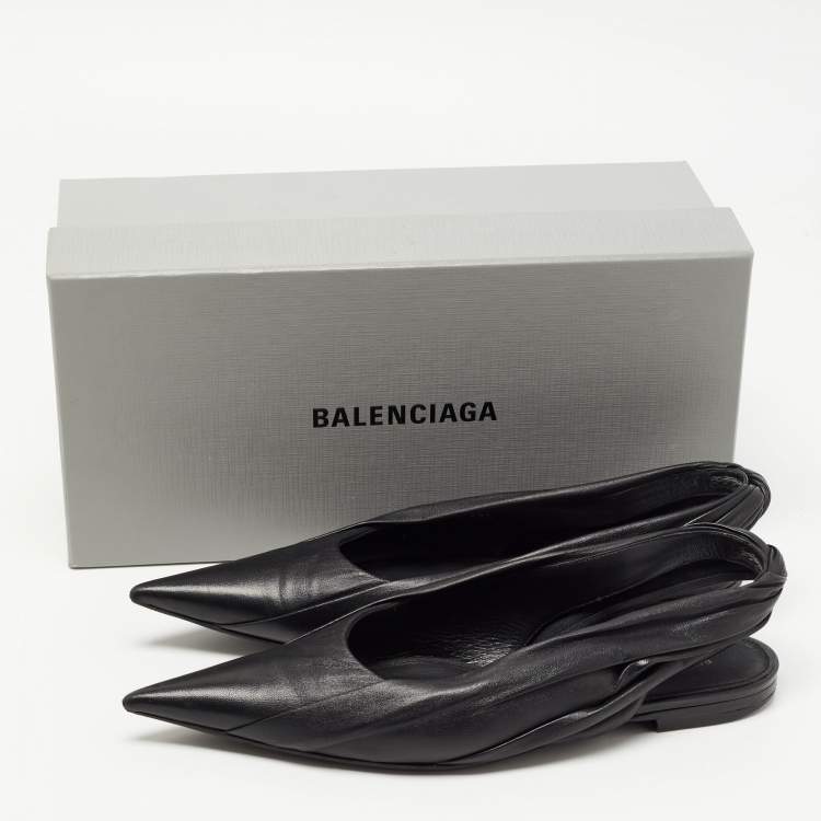 Pre Owned Balenciaga Black Leather Knife Pointed Toe Slingback Flat Sandals Size 38.5