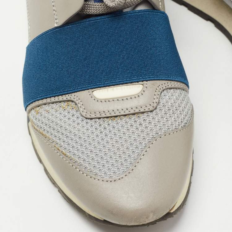Pre Owned Balenciaga Grey/Blue Mesh and Leather Race Runner Sneakers Size 37