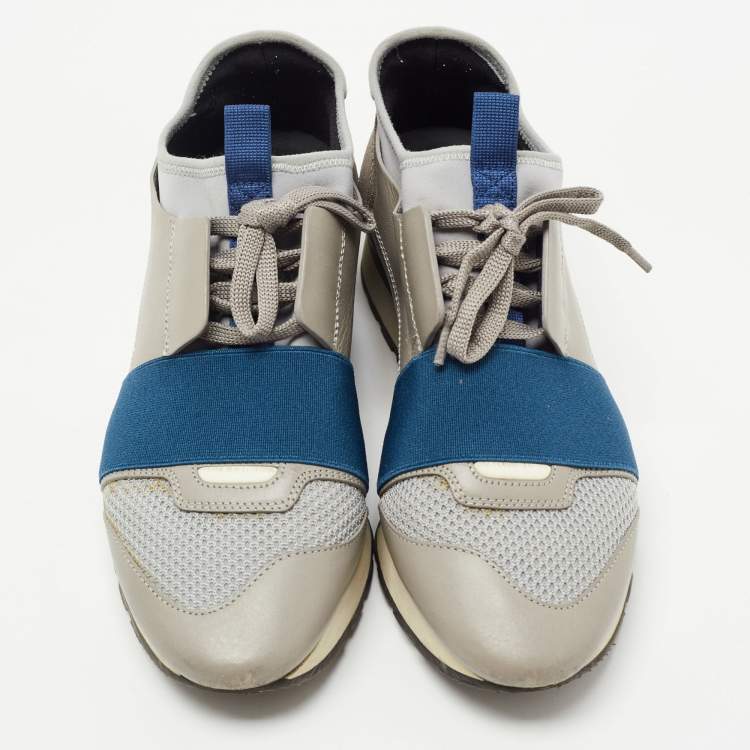 Pre Owned Balenciaga Grey/Blue Mesh and Leather Race Runner Sneakers Size 37