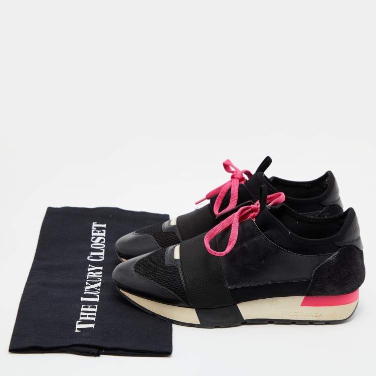 Pre Owned Balenciaga Black Leather,Suede and Mesh Race Runner Low Top Sneakers Size 37