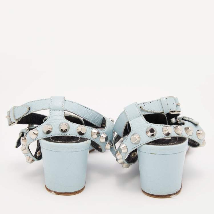 Pre Owned Balenciaga Blue Leather Arena Studded Gladiator Wedge Sandals Size 38.5