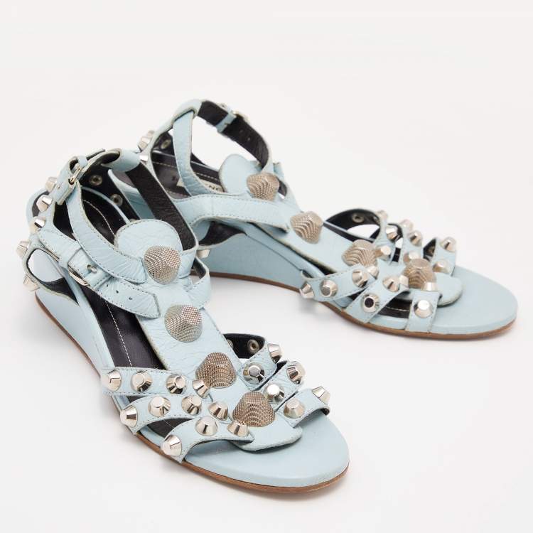 Pre Owned Balenciaga Blue Leather Arena Studded Gladiator Wedge Sandals Size 38.5