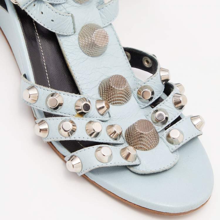 Pre Owned Balenciaga Blue Leather Arena Studded Gladiator Wedge Sandals Size 38.5