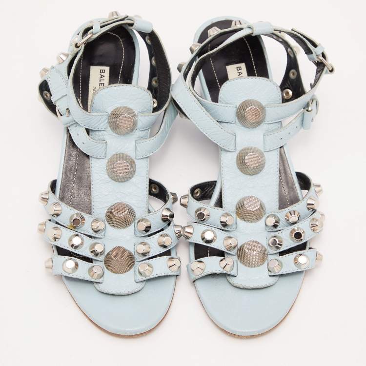 Pre Owned Balenciaga Blue Leather Arena Studded Gladiator Wedge Sandals Size 38.5