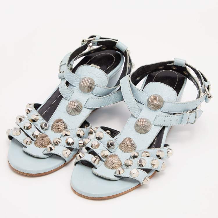 Pre Owned Balenciaga Blue Leather Arena Studded Gladiator Wedge Sandals Size 38.5