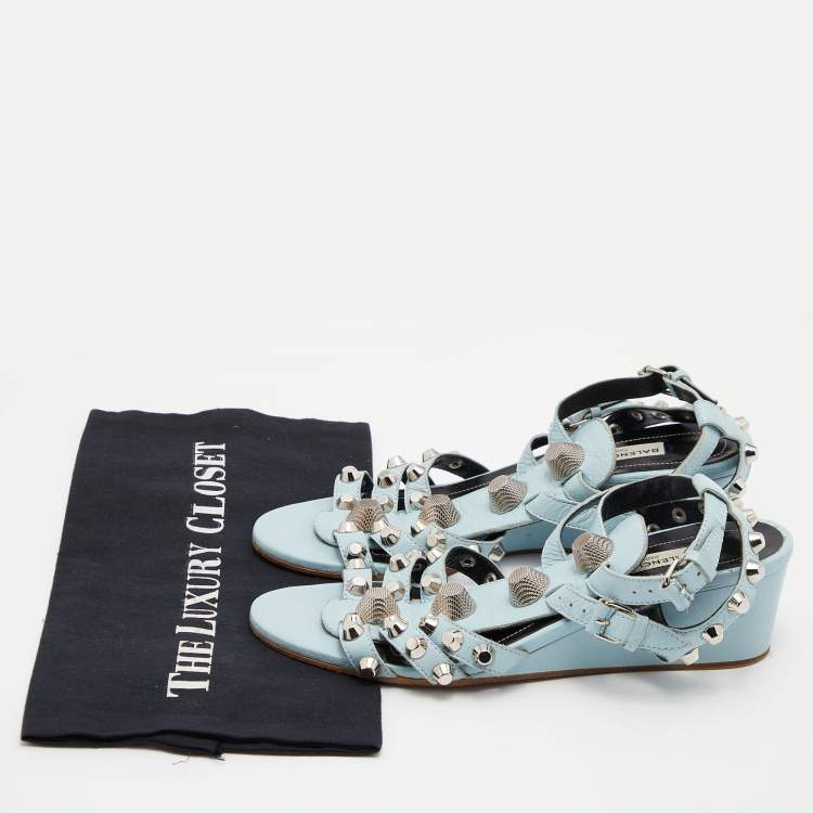 Pre Owned Balenciaga Blue Leather Arena Studded Gladiator Wedge Sandals Size 38.5