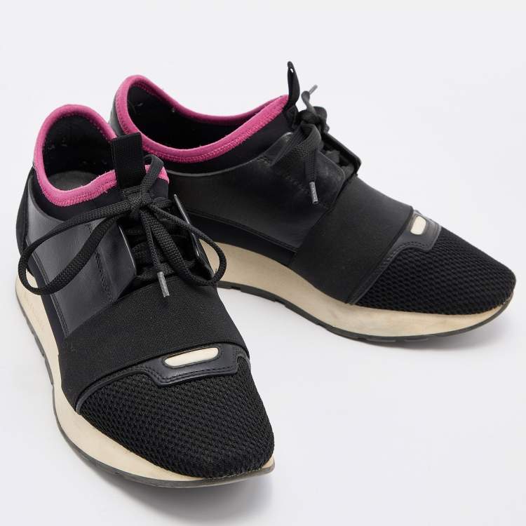 Pre Owned Balenciaga Black/Pink Leather and Mesh Race Runner Sneakers Size 38