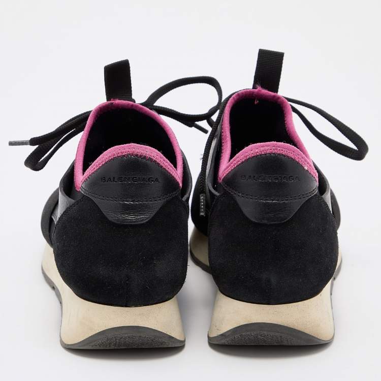 Pre Owned Balenciaga Black/Pink Leather and Mesh Race Runner Sneakers Size 38