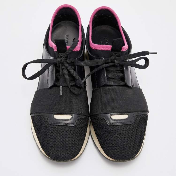 Pre Owned Balenciaga Black/Pink Leather and Mesh Race Runner Sneakers Size 38