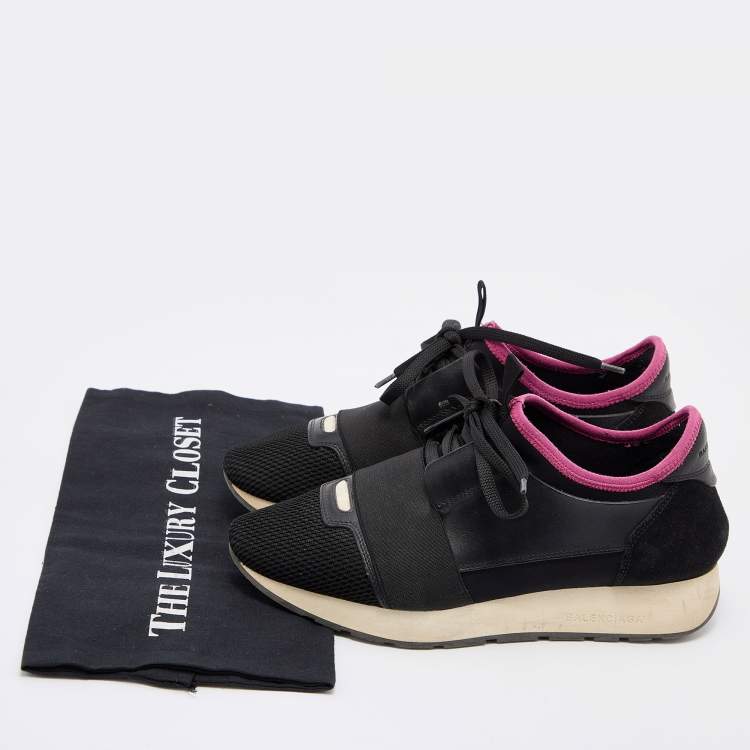 Pre Owned Balenciaga Black/Pink Leather and Mesh Race Runner Sneakers Size 38