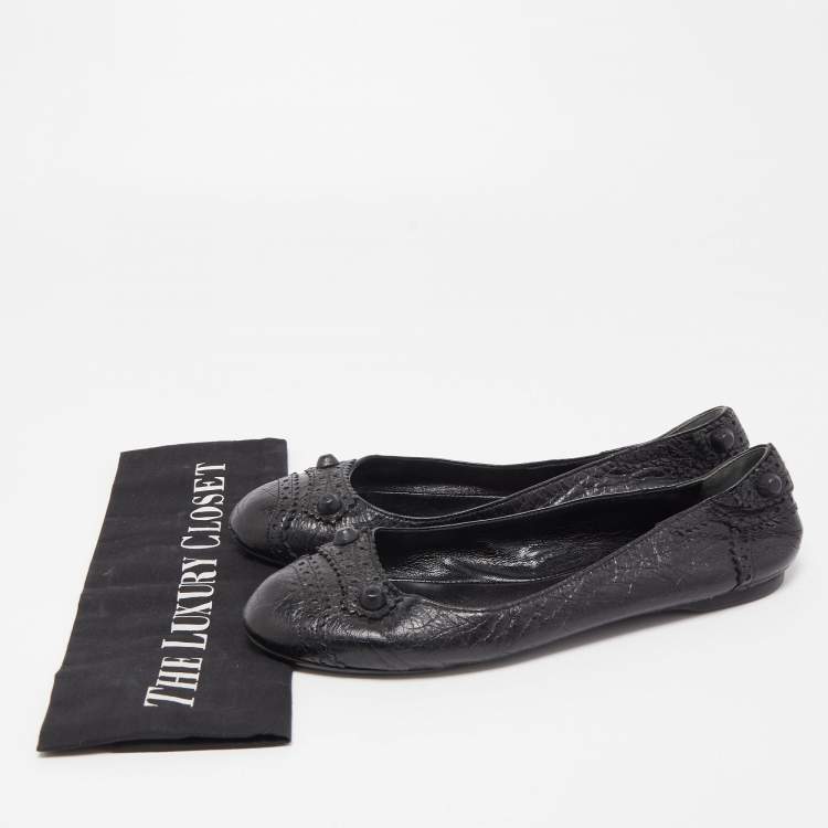 Pre Owned Balenciaga Black Leather Arena Studded Ballet Flats Size 38.5