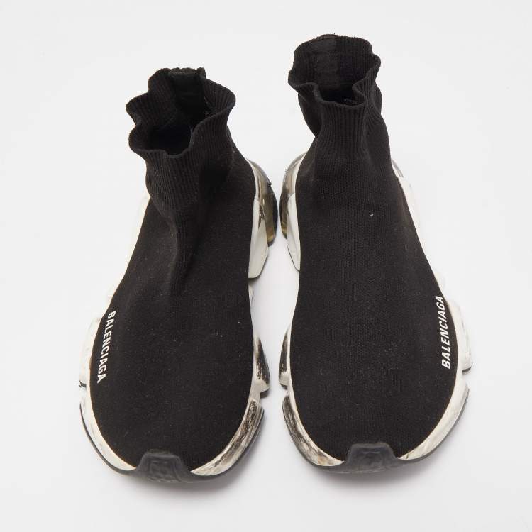 Pre Owned Balenciaga Black Knit Fabric Speed Trainer Slip On Sneakers Size 37