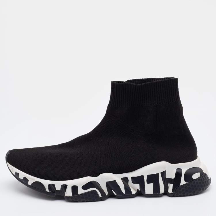 Pre Owned Balenciaga Black Knit Fabric Speed Trainer High Top Sneakers Size 38