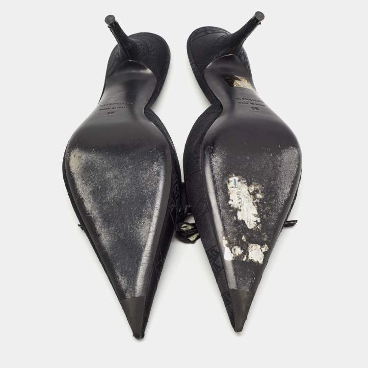 Pre Owned Balenciaga Black Logo Satin Bow Knife Mules Size 38